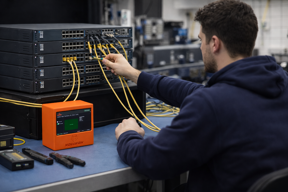 Technician processing enterprise network equipment with Novafox Hydra, reducing manual effort through automated testing and data erasure.