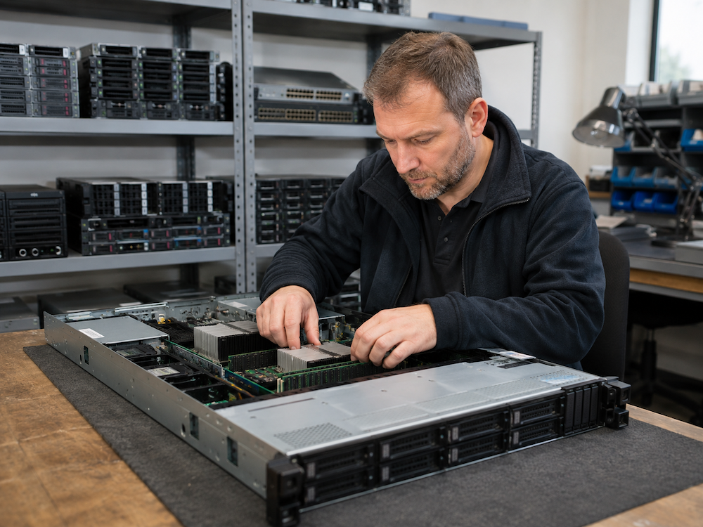 Technician inspecting refurbished enterprise IT hardware at a professional test bench